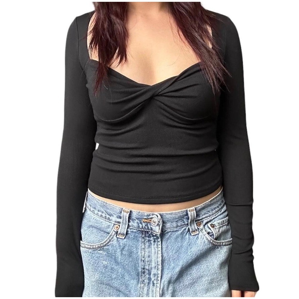 ARITZIA Sunday Best Black Ruched Bust Long Sleeve Top Size S Fitted Coquette